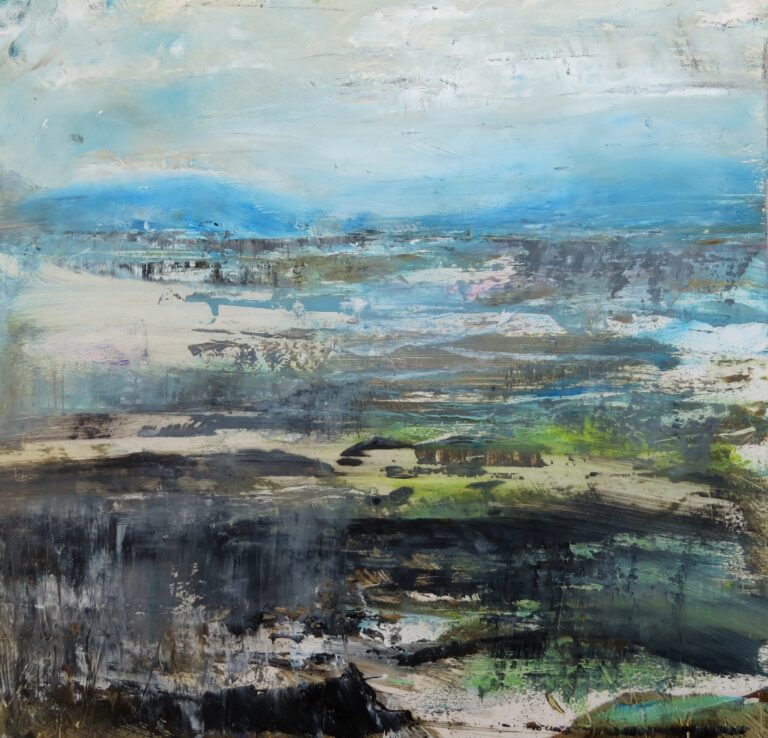 Distant blue mountains oil abstract